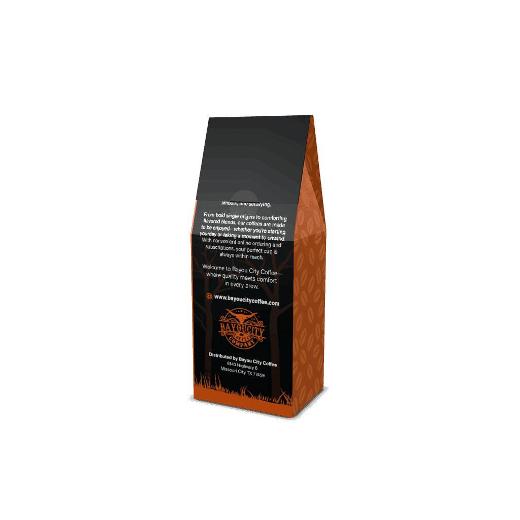 Back of a 12 ounce bag of coffee from Bayou City Coffee