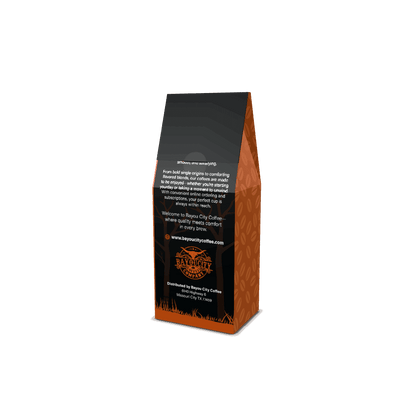 Back of a 12 ounce bag of coffee from Bayou City Coffee